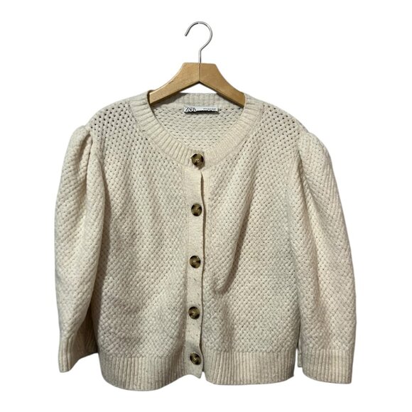 Zara Wool Blend Cardigan Sweater Size Women's M Cottagecore Puff Sleeve Buttons - Picture 1 of 5